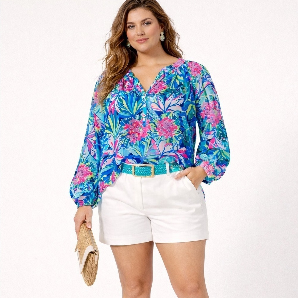 Lilly Pulitzer silk floral “Elsa” popover long sleeved NWT blouse. Size Large.